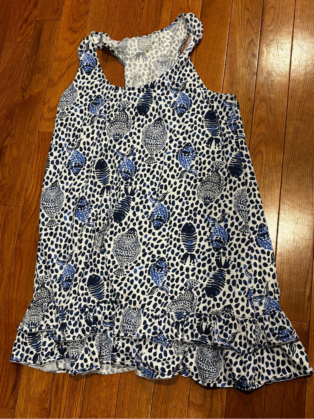 Lilly Pulitzer White Dress with Navy Shell Spot Print and Ruffle Trim